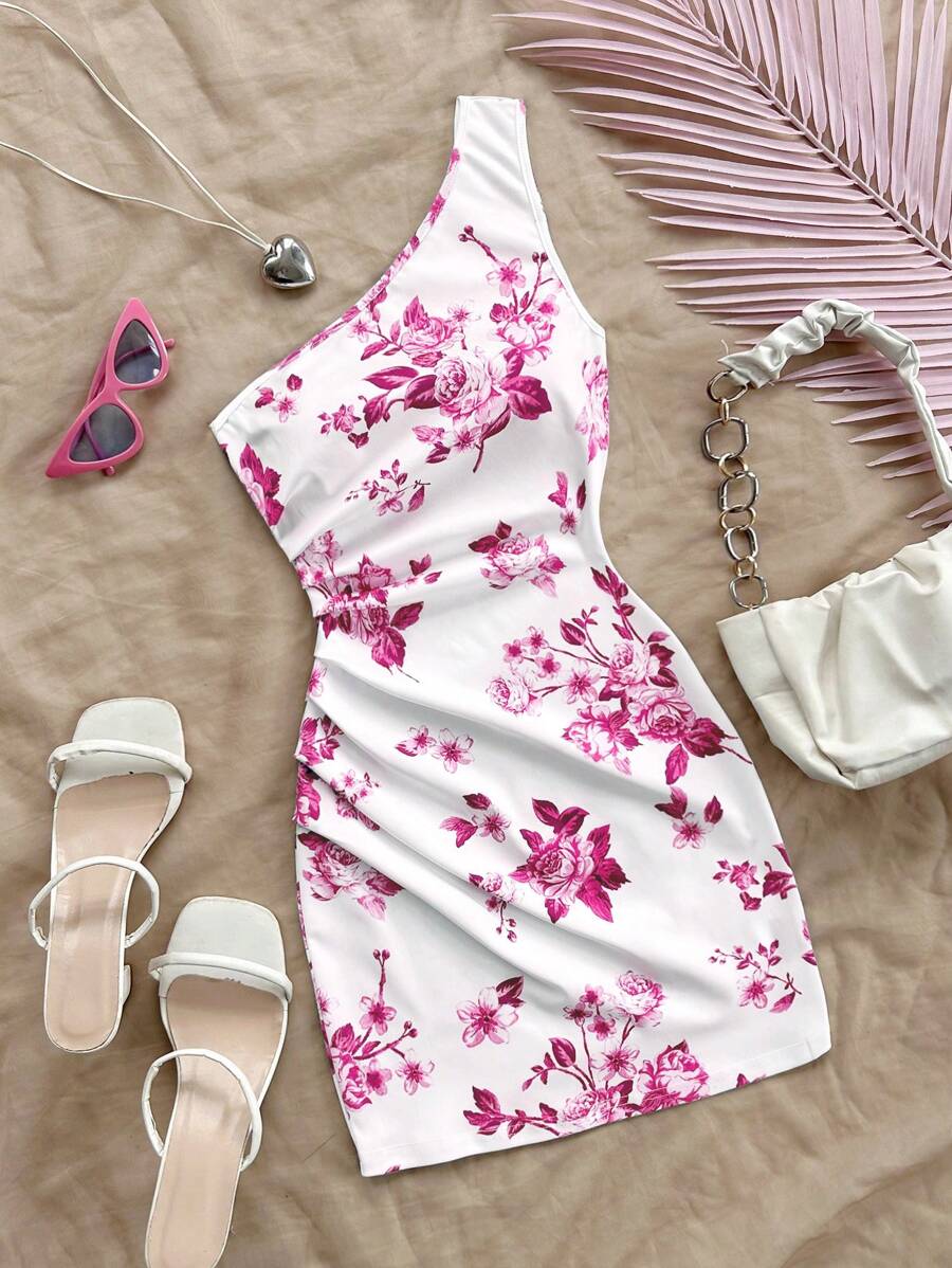 SHEIN WYWH Women's Vacation Blue & White Print Asymmetric Neck Midi