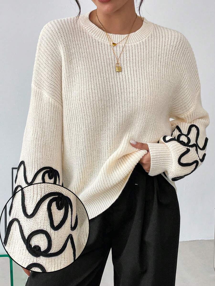 SHEIN Clasi Women Casual Daily Loose Fit Lantern Sleeve Embroidered Knit Sweater, Autumn/Winter - Beige - View 1