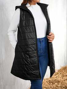 SHEIN LUNE Plus Size Solid Color Front Zipper Sleeveless Minimalist Hooded Casual Padded Padded Coat Clothes Winter - Black - View 4