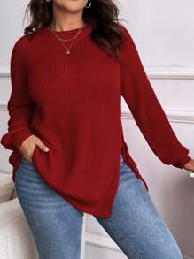 SHEIN LUNE Plus Size Women Christmas Fall Red Knitted Crew Neck Side Slit Bowknot Minimalist Sweater, Suitable For Halloween, Christmas, Valentine's Day, Thanksgiving, Easter, National Day, New Year Eve Parties For New Year Clothes, For Winter