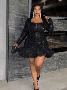 Slaydiva 情人节奢华派对大码女式亮片网眼拼布褶饰美人鱼连衣裙 - 黑色 - 查看 5