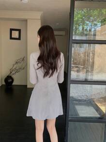 INAWLY Đầm mini cổ đứng tay dài thường ngày cho nữ, mùa thu - Xám - Xem 2