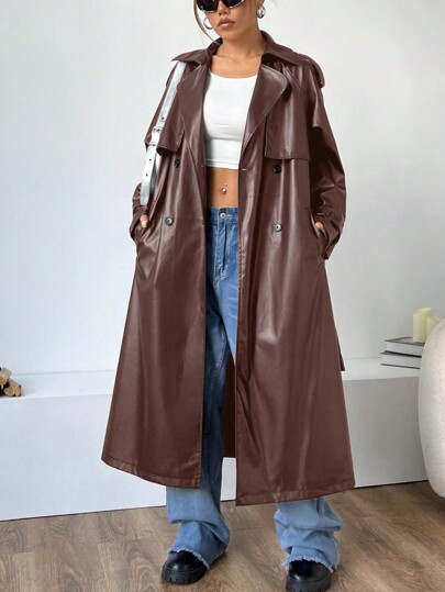 Muchica カジュアルブラウン ダブルブレスト ロングレザートレンチ