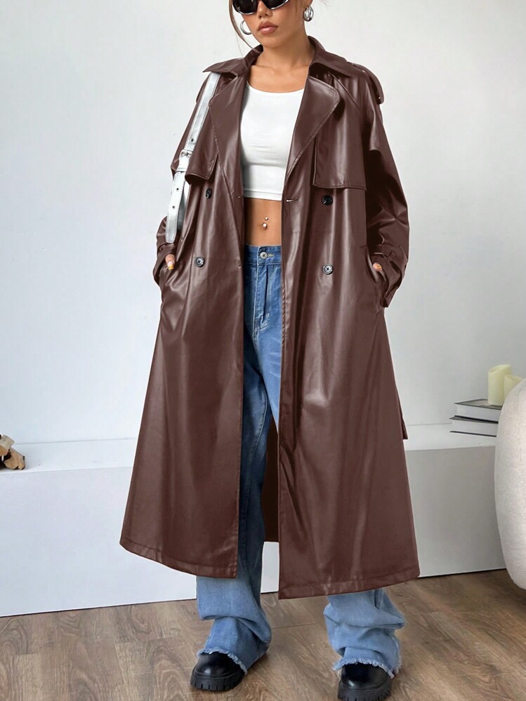 Muchica カジュアルブラウン ダブルブレスト ロングレザートレンチ