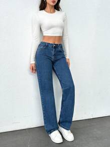 EURMUSE 100% Baumwolle TIEJTAILLIGE WEITE BEIN HOSE FRAUEN JEANS - Dunkle Waschung - Übersicht 5