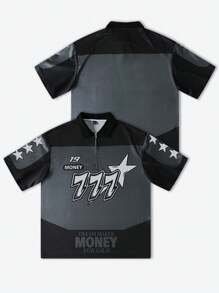 Manfinity EMRG 男士纯色拼接前拉链短袖字母印花休闲 Polo 衫 - 彩色 - 查看 1