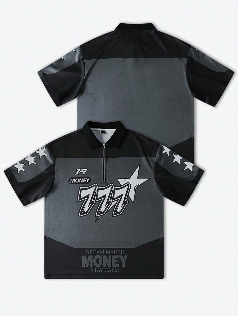 Manfinity EMRG 男士纯色拼接前拉链短袖字母印花休闲 Polo 衫 - 彩色 - 查看 1