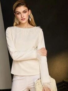 MOTF PREMIUM FLUFFY RHINESTONE TRIM PEPLUM TOP