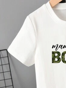 SHEIN Áo thun ngắn tay cổ tròn in logo chữ đơn giản cho bé trai, kiểu dáng thường ngày, thích hợp mặc cùng mẹ và bé (bán lẻ từng chiếc), thích hợp cho kỳ nghỉ hè. - trắng - Xem 4