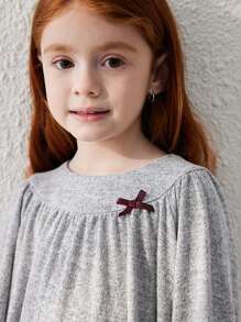 Blossori Đầm cổ tròn dệt kim nơ xám rộng rãi cho bé gái kèm quần legging, phong cách Pháp thanh lịch, thu/đông - Xám - Xem 5