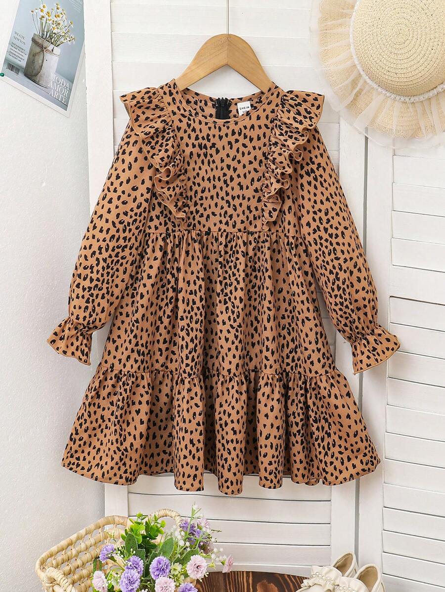 Tween Girl Summer / Fall Allover Print Ruffle Trim Flounce Sleeve Dress