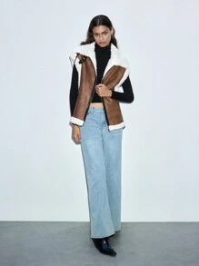 Maija Women Casual Shearling Trim PU Leather Lapel Spring Jacket - Khaki - View 3