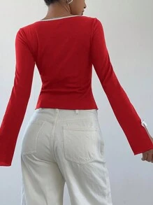 Aloruh Women's Colorblock Hem Long Sleeve Bow Decor Casual T-Shirt - Red and White - View 2