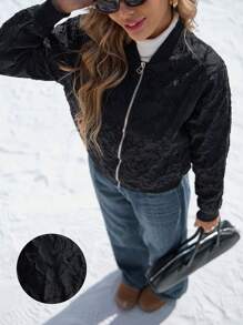 Aveloria Affinna 黑色美式复古休闲纹理印花拉链长袖罗纹撞色女式夹克外套 - 黑色 - 查看 6