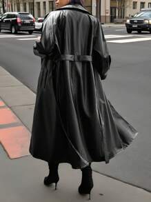 SHEIN Privé 大码女式冬季时尚防风保暖仿皮翻领风衣，腰部收紧 - 黑色 - 查看 2