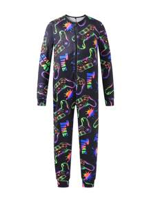 Tween Boy Video Game Fluorescent Graphic Zip Front Long Sleeve Jumpsuit Home Wear, Snug Fit