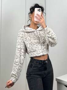 Muchica 女士休闲毛茸茸连帽短款豹纹夹克，秋冬 - 奶油色 - 查看 3