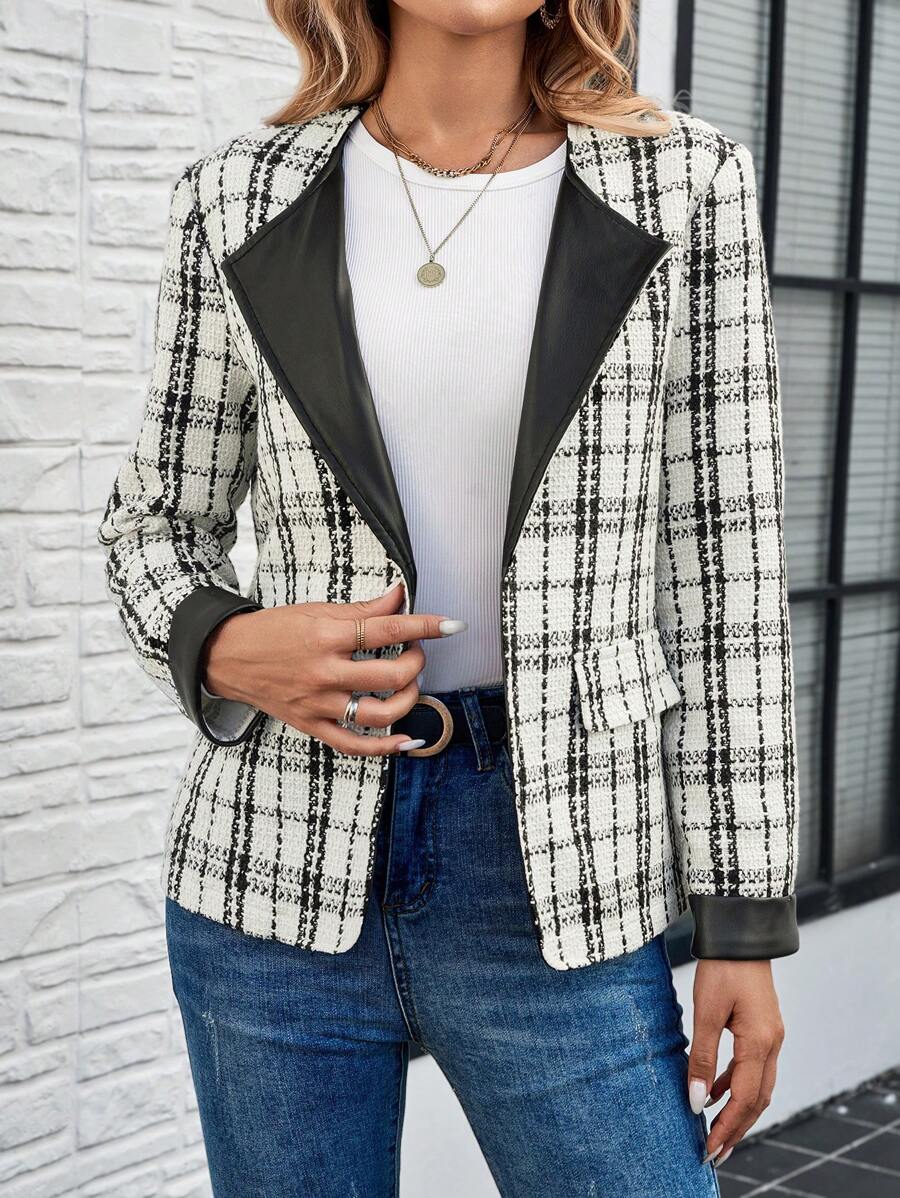 EMERY ROSE Women Casual Plaid Color Block Lapel Flap Detail Short Jacket