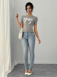 SHEIN Unity 1pc Women's Cute Jacquard Bow Knitted Sweater, Suitable For All Seasons - Grey - View 5