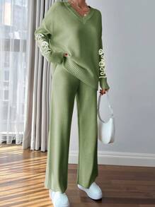 EURMUSE Women Pink Embroidery Detailed Sweater Set - Mint Green - View 4