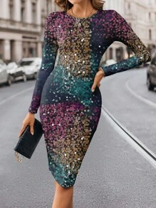 Glamance Warp Atelie 女士多色中长连衣裙长袖圆领优雅拼色、纯色、全印花女式夏季服装女式夏季连衣裙女式太阳裙度假连衣裙外出 - 彩色 - 查看 3