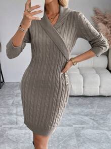 SHEIN LUNE Solid Color Crossover Twist Knitted Side Button Long Sleeve Sweater Dress Fall Cloth For Women - Mocha Brown - View 5