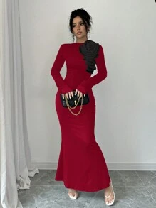 SHEIN Unity Women 3D Floral Decor Ruffle Stand Collar Bell Sleeve Fishtail Hem Fitted Long Dress - Burgundy - View 3
