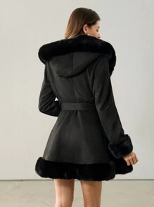 Anewsta Women's Thick Fluffy Trim Fluffy Fuzzy Banded Waist Jacket - Black - View 2