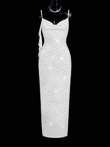 SHEIN ICON Draped Collar Sexy Open Back Ruffle Trim Beaded Party Dress - White - View 1