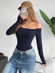 SHEIN EZwear Navy Blue Knit Off Shoulder Women Bodysuit - Navy Blue - View 5