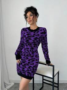 Elenzga Women Casual Leopard Print Backless Long Sleeve Wrap Dress