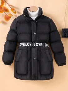 Tween-Mädchen Lässiger, schwarzer, wattierter Mantel mit Revers und weiter Taille