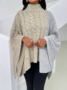 SHEIN Clasi 女士纯色拼接立领简约毛衣，休闲日常穿着，秋冬针织套头衫 - 灰色 - 查看 7