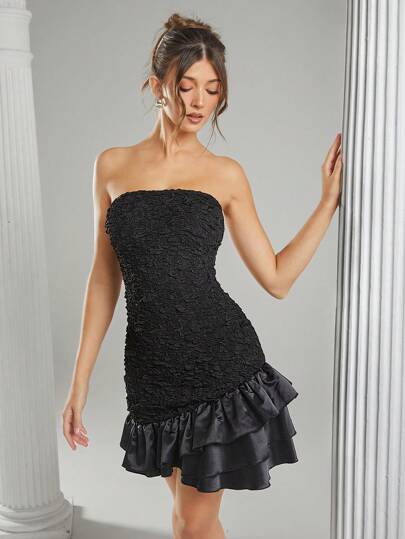 Hauture Fall Women Clothes, Women's Glamorous Textured Floral Jacquard Patchwork Ruffle Hem Elegant Tube Black Dress. For Date Night, Going Out, Concerts, Performances, Music Festivals, Party