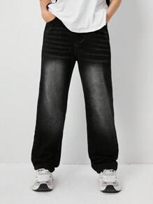 SHEIN Loose Fit Washed Black Denim Wide Leg Jeans For Teenage Boys - Black - View 2