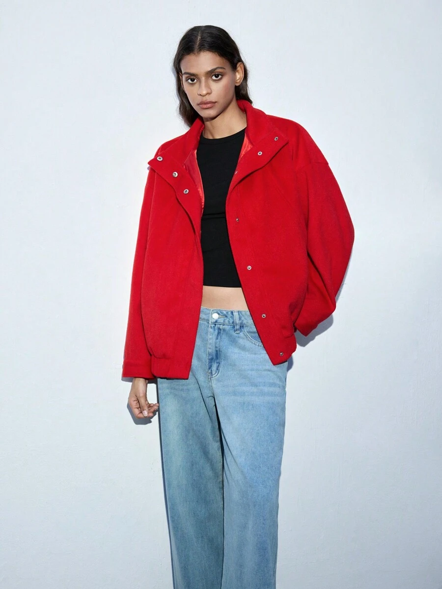 Maija 女式圣诞红色金属装饰纽扣长袖宽松夹克 - 紅色 - 查看 1