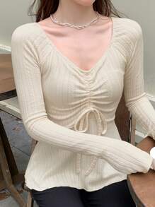 DAZY 女式简约 V 领纯色系带长袖休闲 T 恤，荷叶边