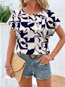 EMERY ROSE Casual Loose Leaf Pattern Women's Round Neck Shirt, Suitable For Summer Suitable For Going Out - Multicolor - View 3