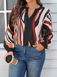 SHEIN LUNE Plus Size damska kolorowa bluzka w paski z dekoltem w serek z bufiastymi rękawami, swobodna, elegancka, wiosna, jesień