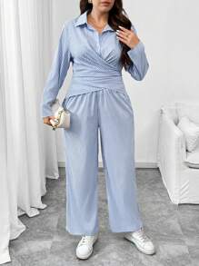 Flirla 2pcs Plus Size Set: Striped Long Sleeve Casual Crossover Pullover Shirt & Pants - Blue and White - View 5