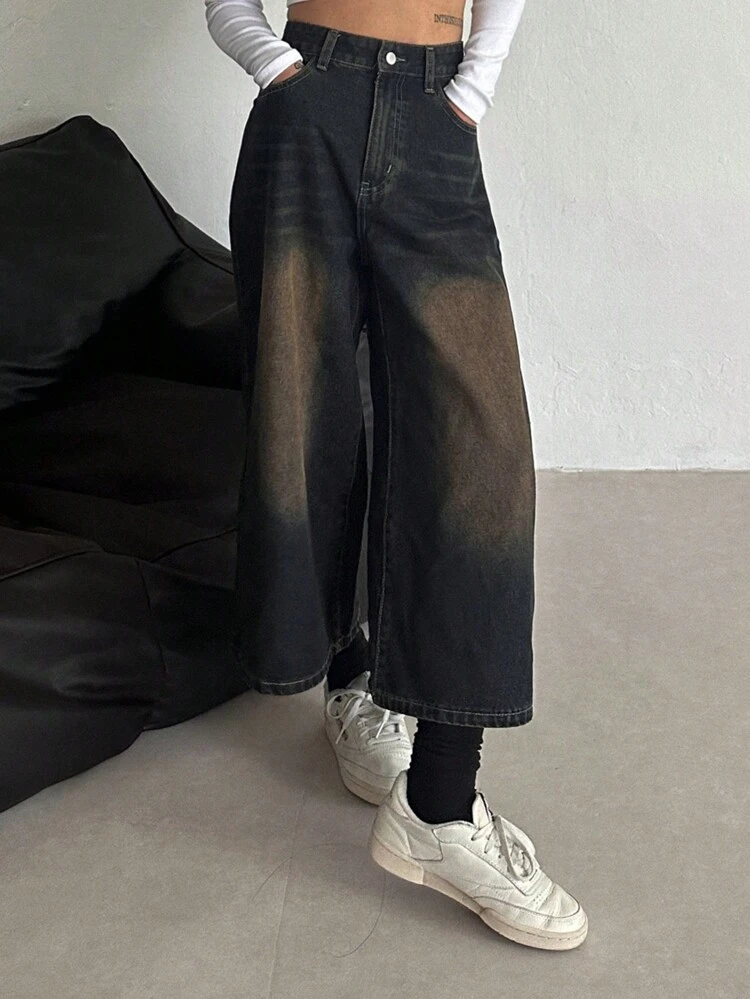 Women's Button Front Pocket Casual Loose Fit 3/4 Wide Leg Jeans