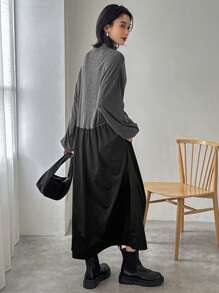 FRIFUL Vestido midi casual de manga larga con cuello alto y bloques de color para mujer, vestido de otoño