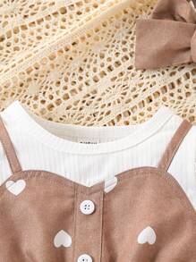Schattige Baby Meisjes Voetjes Met Hartenprint 2 In 1 Lange Mouw Jumpsuit, Voor Herfst/Winter