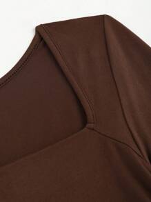 Sweetra 女式纯色方领长袖性感开衩 Y2K 连衣裙，秋季 - 咖啡棕 - 查看 4