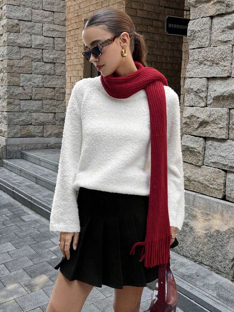Chiquease Damen einfarbiger Schleife-Dekor Langarm Lässig Strick Pullover, Strick Pullover Herbst Winter - Weiss - Übersicht 2