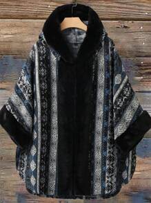 SHEIN CURVE+ Plus Geo Print Hooded Batwing Sleeve Coat - Black - View 1