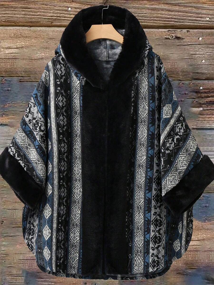 SHEIN CURVE+ Plus Geo Print Hooded Batwing Sleeve Coat - Black - View 1