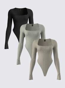 SHEIN BASICS 女式休闲纯色针织方领长袖修身紧身衣 - 彩色 - 查看 1