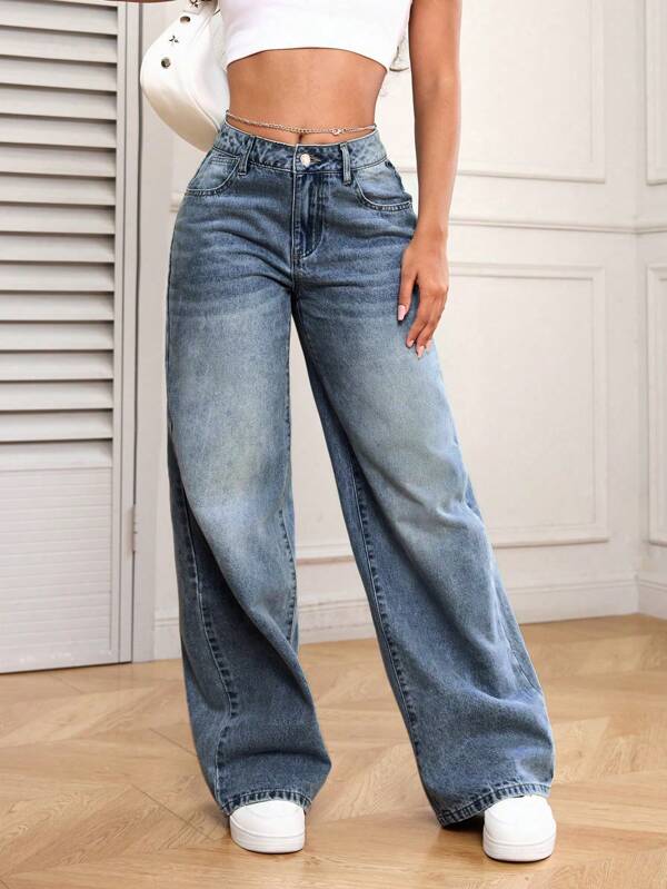 SHEIN PETITE Jeans de mezclilla de cintura media, holgados y de pierna recta lavados de manera informal