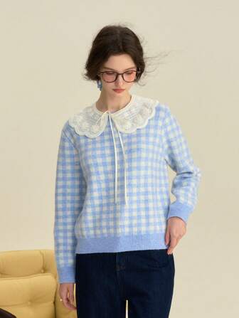 Simple Retro Wool Women's Autumn And Winter Casual Collision Round Collar Checkered Tie Blue Young Retro Elegant Loose Long Sleeve Pullover Sweater